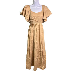 Sim & Sam Flutter Sleeve Cottage Maxi Dress Womens Small Tan 100% Cotton Boho
